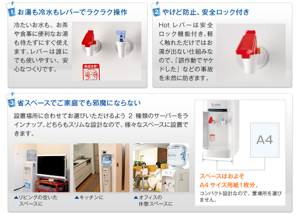 1.お湯も冷水もレバーでらくらく操作 2.やけど防止、安全ロック付き 3.省スペースでご家庭でも邪魔にならない
