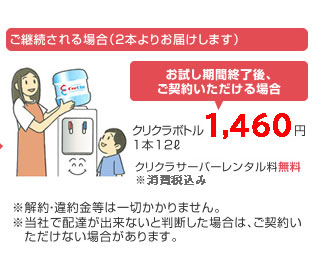 ご継続される場合：お試し期間終了後、ご契約いただける場合12Lボトル1本につき1,260円